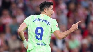 Robert Lewandowski celebrates after scoring for Barcelona against Athletic Club in La Liga in May 2025.