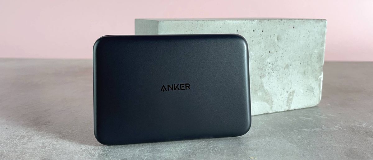 The top panel of the slim Anker power bank is facing forward.