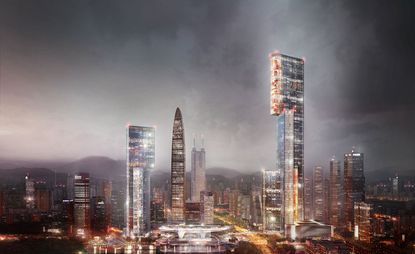 Three skyscrapers fully lit against a night sky 