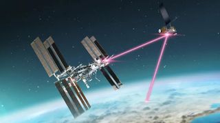 Satellite bounces a laser beam off a second satellite toward earth in outerspace.