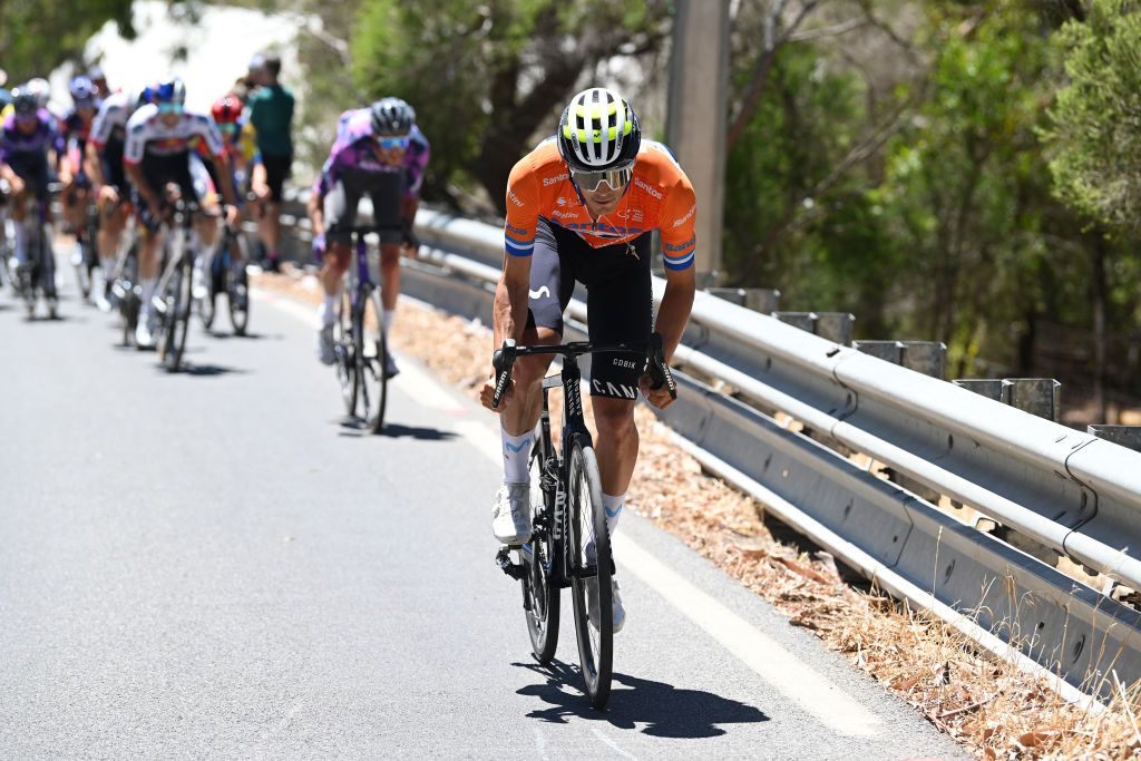 WILLUNGA HILL AUSTRALIA JANUARY 25 Javier Romo of Spain and Movistar Team Orange Santos Leaders Jersey attacks in the breakaway during the 25th Santos Tour Down Under 2025 Stage 5 a 1457km stage from McLaren Vale to Willunga Hill 371m UCIWT on January 25 2025 in Willunga Hill Australia Photo by Dario BelingheriGetty Images