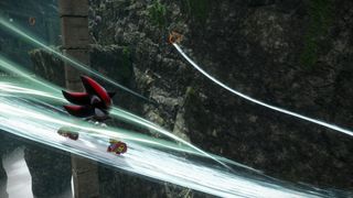 A screenshot from Sonic X Shadow Generations showing Shadow the Hedgehog grinding on a rail in Kingdom Valley