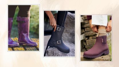 Three different close ups of women wearing various styles of welly boots, including ones for wide calves, biker style boots and short wellington boots