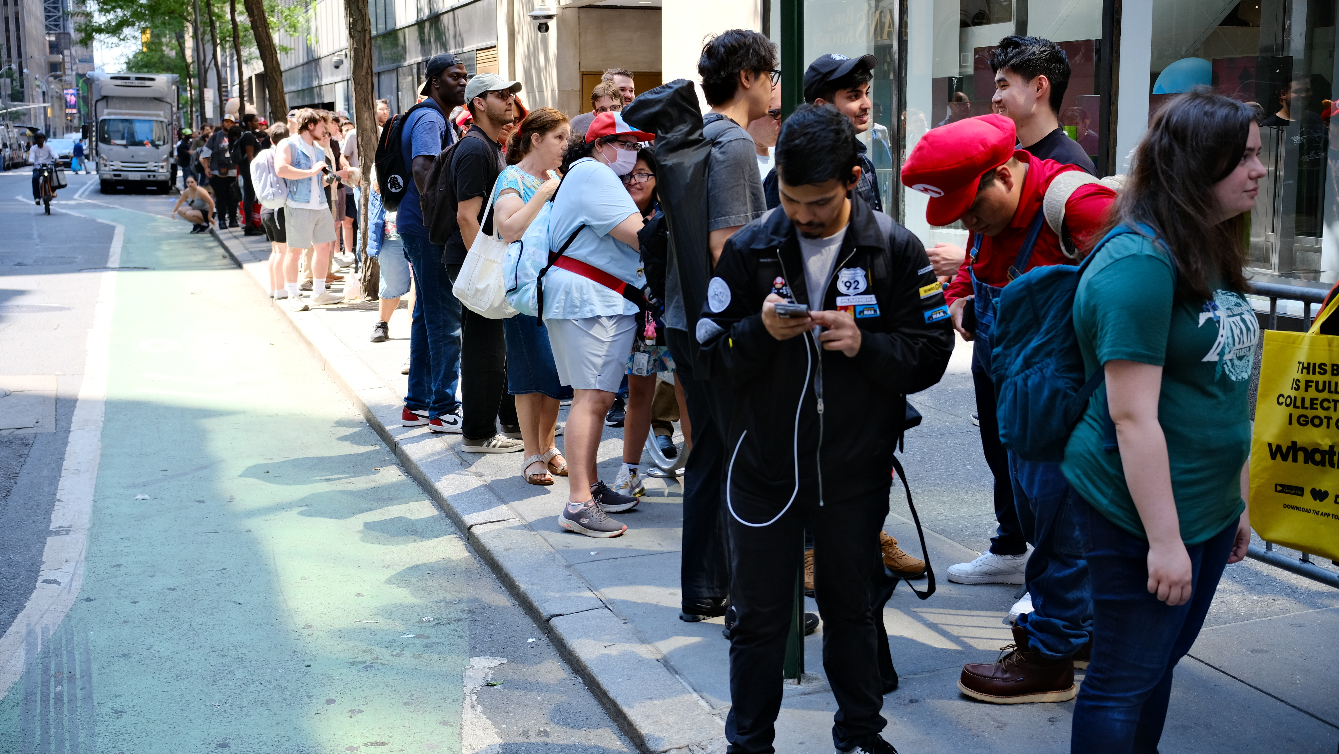 People lined up along a Manhattan street on June 4, 2025, waiting to buy the Switch 2.