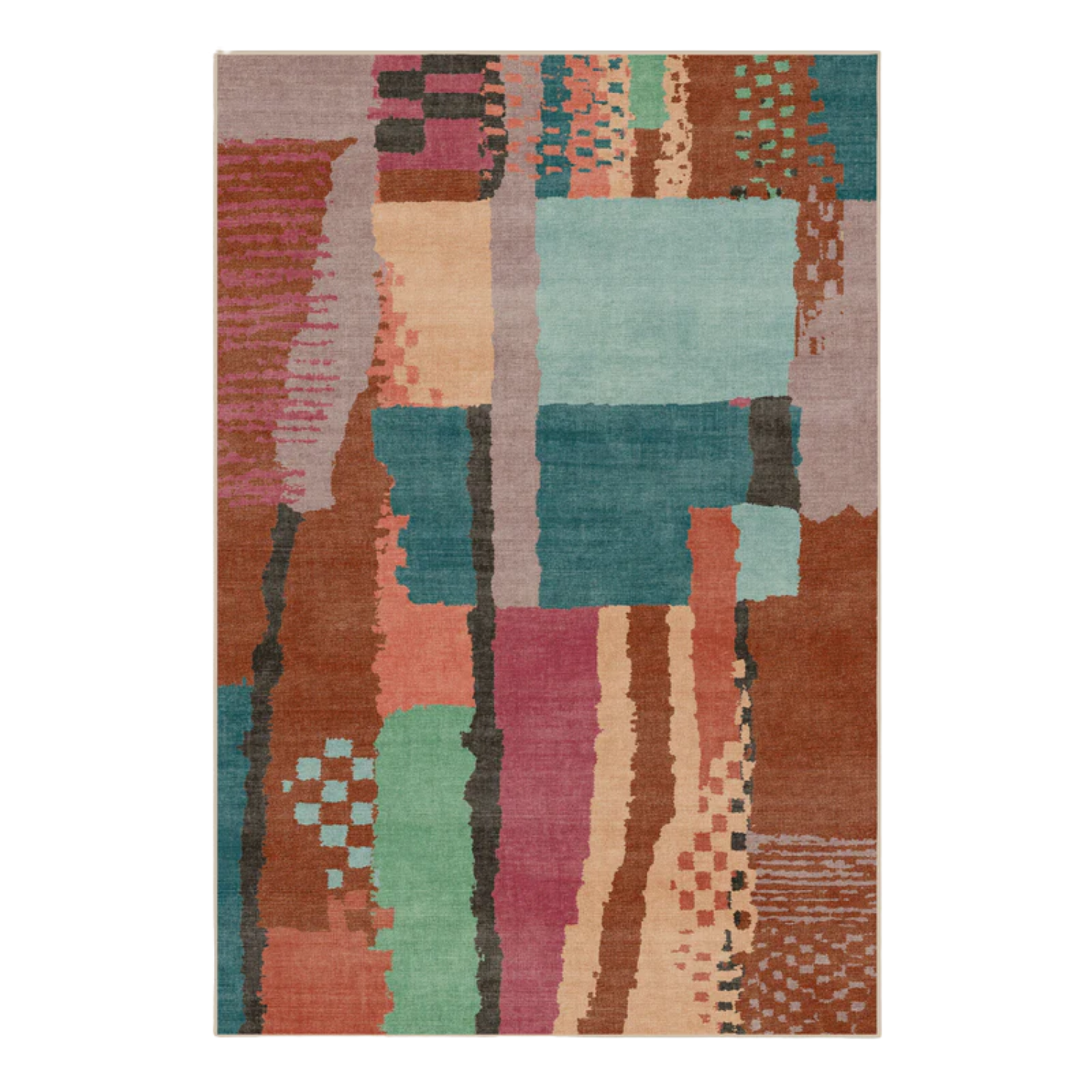 A rectangular area rug streaked with colors and checkerboard patterns