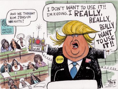 Political cartoon U.S. Trump UN speech nuclear weapons