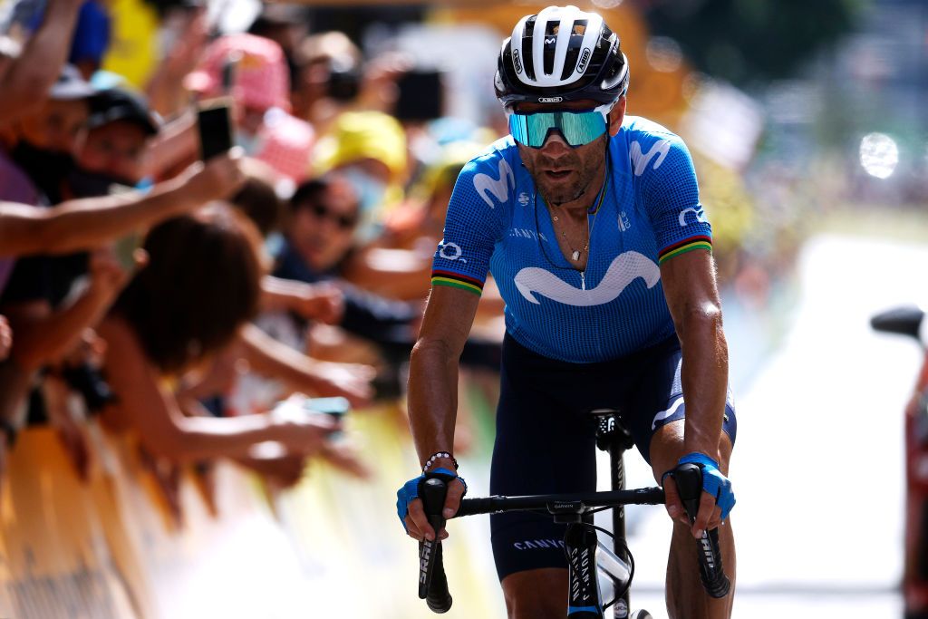ANDORRELAVIEILLE ANDORRA JULY 11 Alejandro Valverde of Spain and Movistar Team on 2nd place at arrival during the 108th Tour de France 2021 Stage 15 a 1913km stage from Cret to AndorrelaVieille LeTour TDF2021 on July 11 2021 in AndorrelaVieille Andorra Photo by Chris GraythenGetty Images