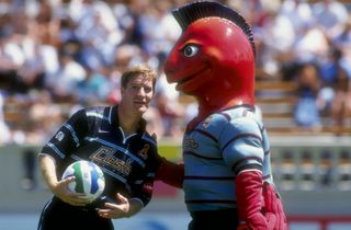 Richard Gough with the San Jose Clash mascot, 1997