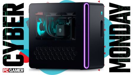 Alienware Aurora gaming PC on a blue Cyber Monday background