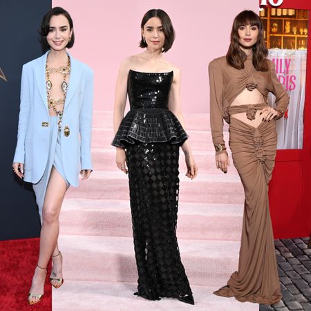 fashion collage featuring three red carpet photos of Lily Collins chic looks