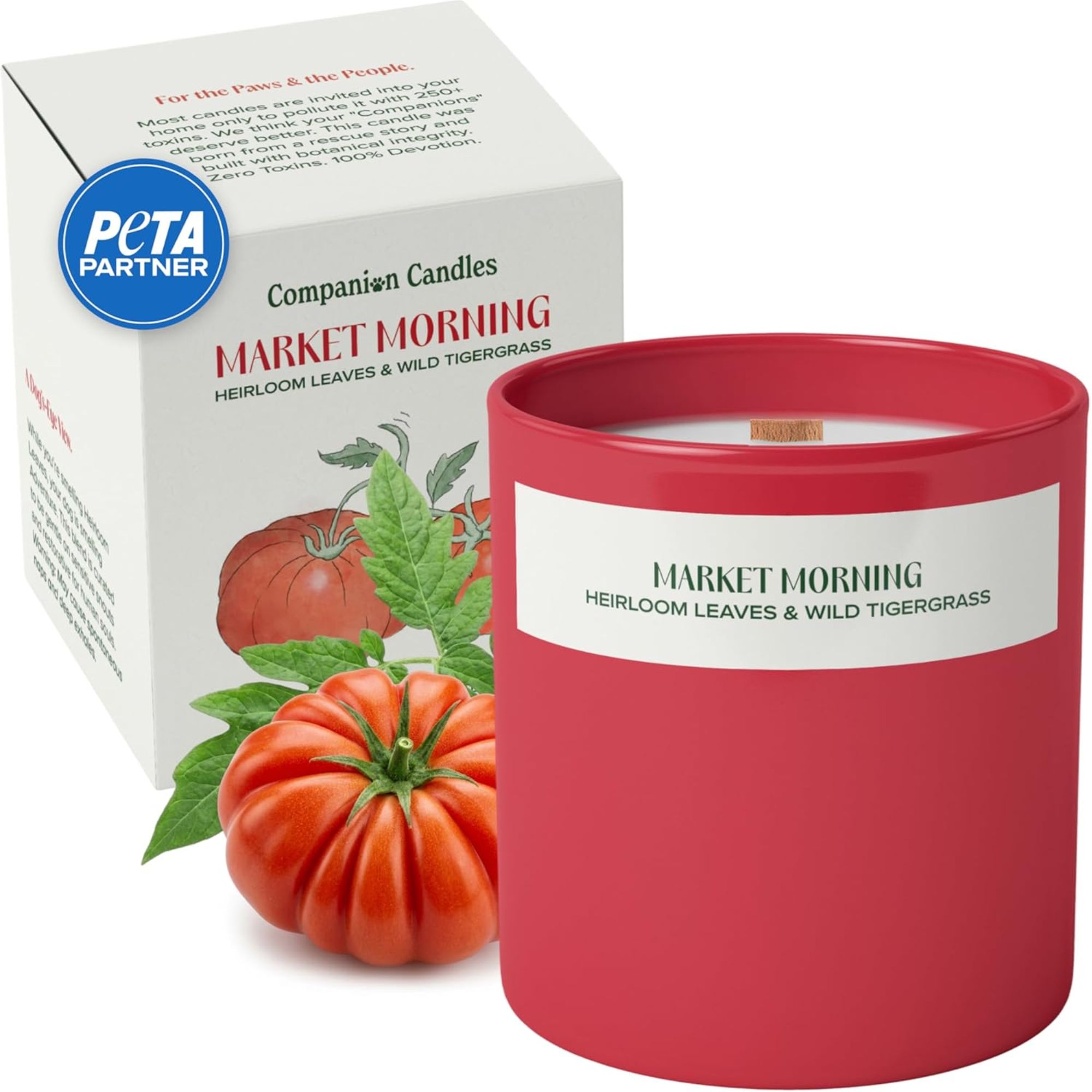 Companion candles market morning red candle with white wax, wooden wick, red tomato, and a white cardboard packaging box