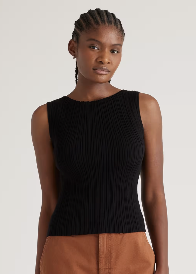 Quince, Cotton Cashmere Ribbed Tank in Black