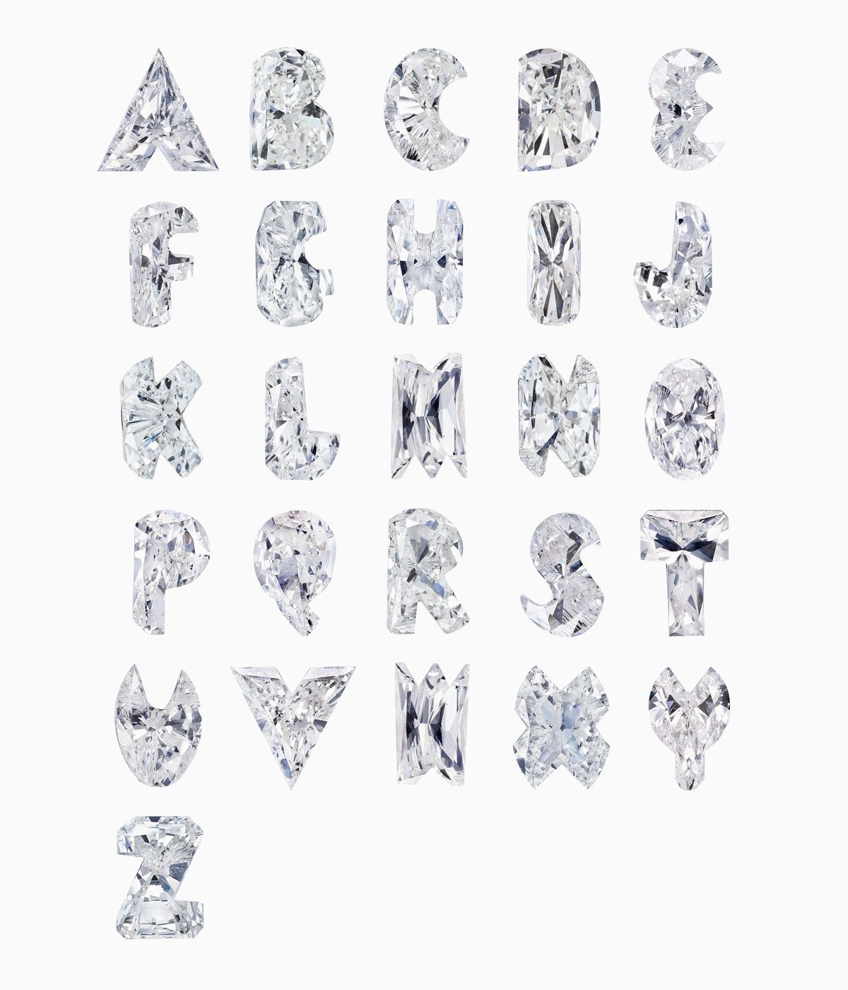 Diamonds carved into letter shapes from A to Z