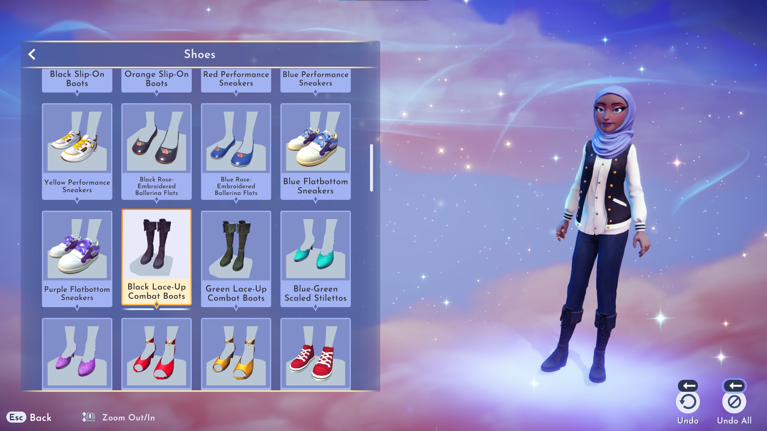 Disney Dreamlight Valley Character Creator - Character in varsity jacket and jeans with a custom lilac head scarf.