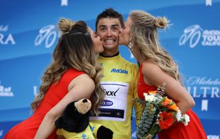 Julian Alaphilippe smiling in yellow