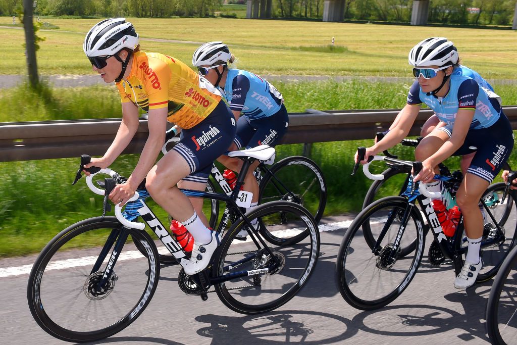GOTHA GERMANY MAY 30 Lucinda Brand of Netherlands and Trek Segafredo yellow leader jersey Elisabeth DeignanArmitstead of United Kingdom and Trek Segafredo during the 34th Internationale LOTTO Thringen Ladies Tour 2021 Stage 6 a 978km stage from Gotha to Gotha ltlt2021 lottothueringenladiestour womencycling on May 30 2021 in Gotha Germany Photo by Luc ClaessenGetty Images