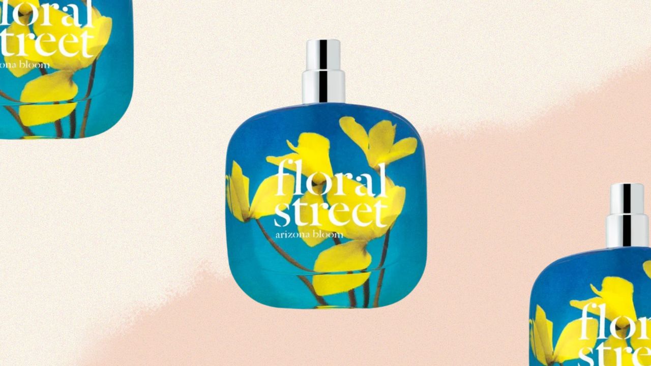 A collage of Floral Street&#039;s Arizona Bloom Eau de parfum, which has a blue and yellow flower bottle/ in a cream and beige gradient template