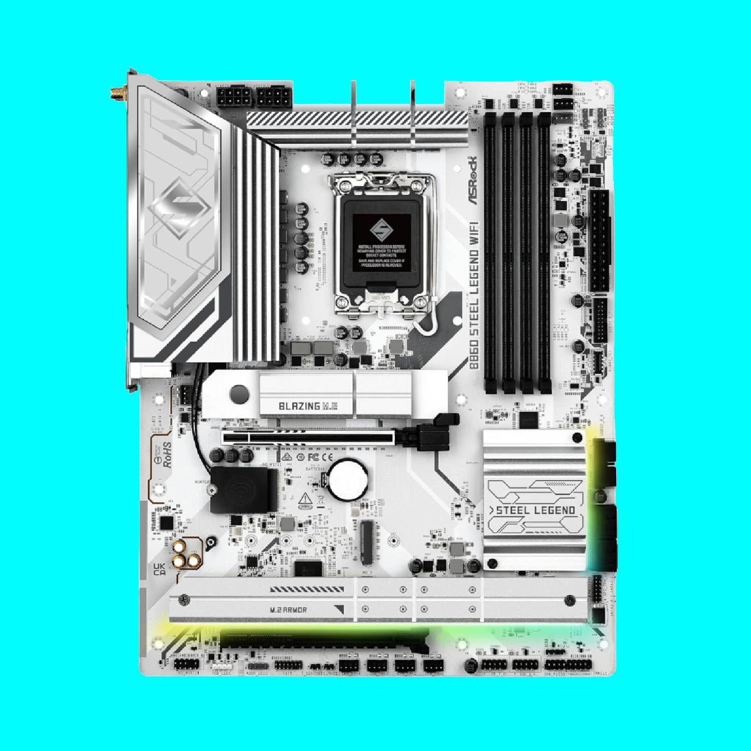 ASRock B860 Steel Legend Wi-Fi gaming motherboard on a light blue background