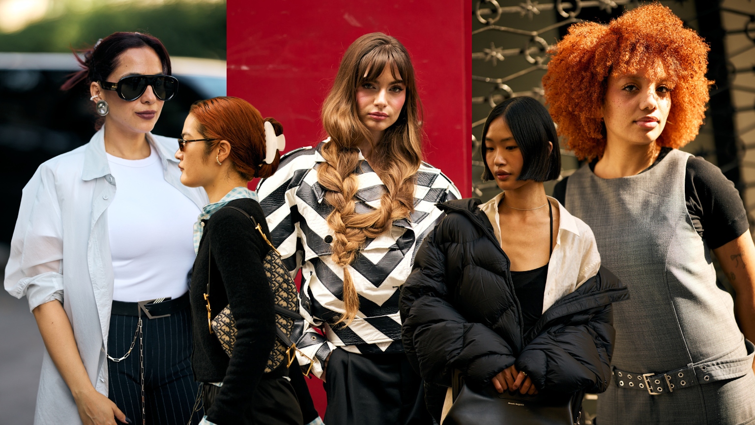 a collage of five stylish women outside at paris fashion week