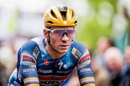 Remco Evenepoel at the finish of a rain soaked edition of the La Flèche Wallonne