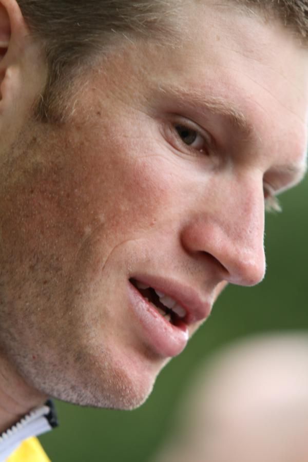 Mark Renshaw gives an interview outside team bus.