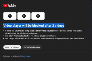 YouTube popup warning that the video player will be blocked if an ad blocker is not disabled.