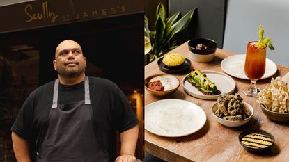 In a two-part split image, a chef in a black T-shirt and grey apron stands in front of his eponymous "Scully St James's" restaurant while looking above, next to him, a full-of-dishes dining table oozes with color.