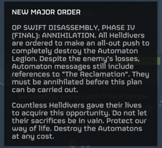 A major order dispatch displayed in Helldivers 2, ordering the full extermination of the Automaton Legion.
