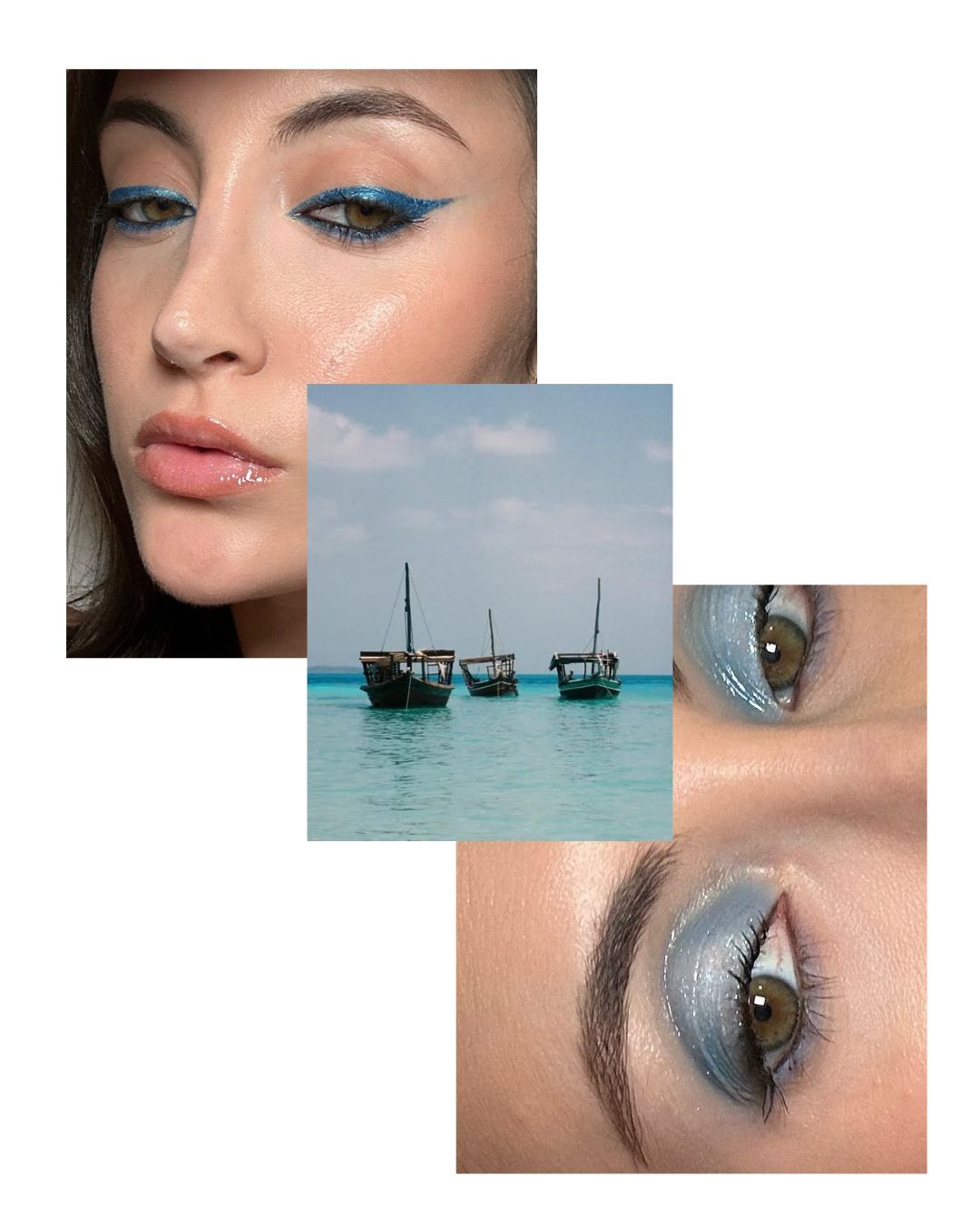 Collage of images including makeup looks by Alyssa Brascia and sailboat photography from Emna Sellimi.