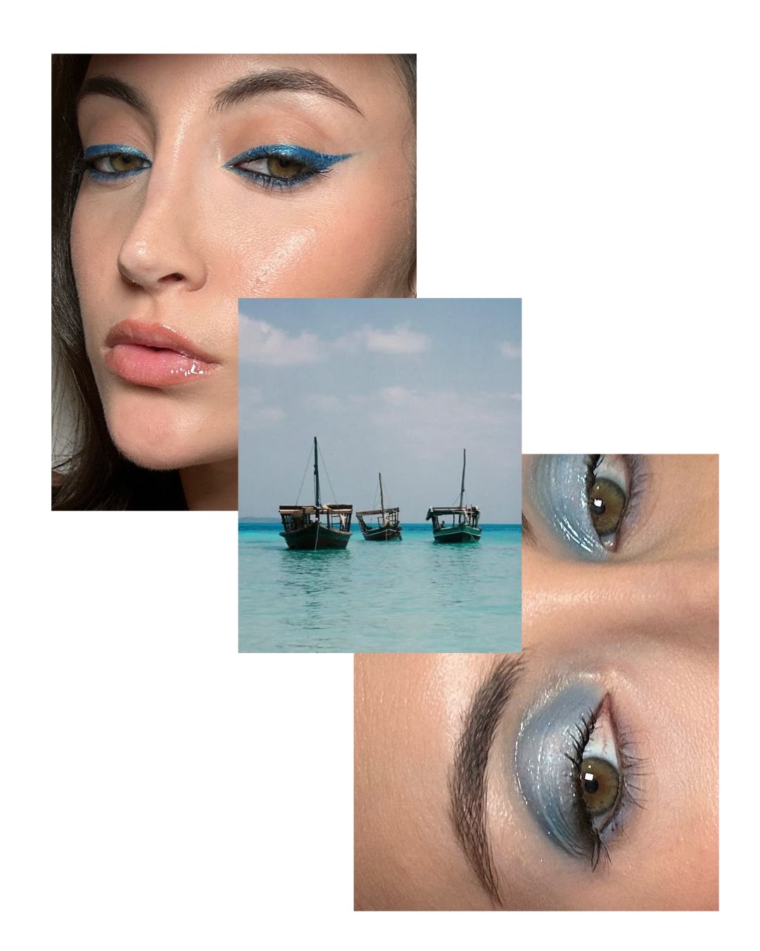 Collage of images including makeup looks by Alyssa Brascia and sailboat photography from Emna Sellimi.