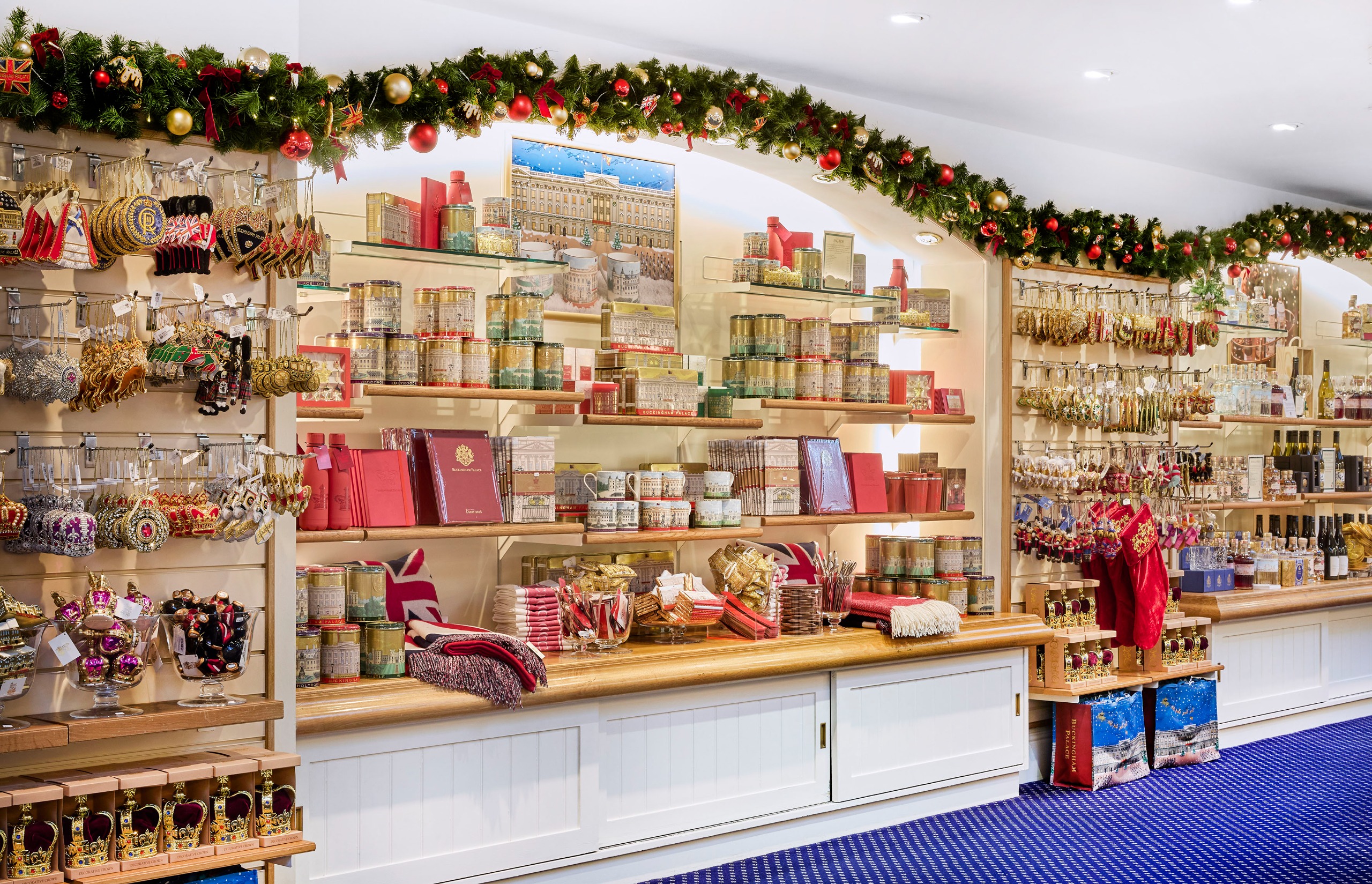 A wall of ornaments in the Royal Mews gift shop at Christmas