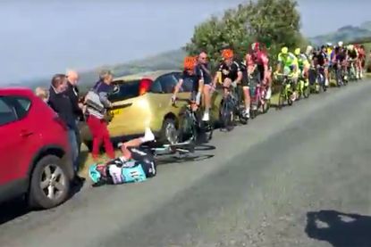 Mark Cavendish crashes during stage six of the 2015 Tour of Britain