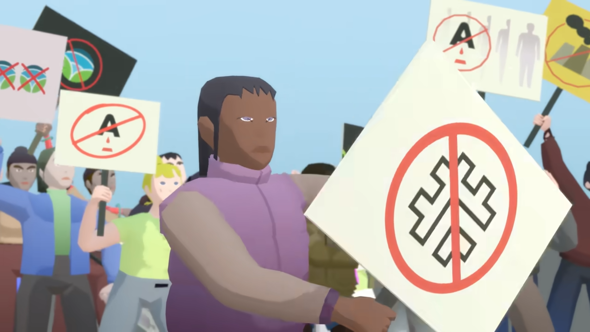 A crowd of polygonal characters stage a protest with signs, from a screenshot of SEED's cinematic trailer.