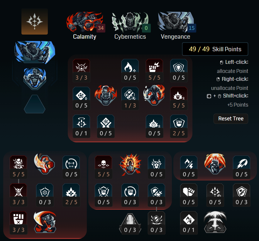  A screenshot of Maxroll's build planner tool showing skill points invested in Amon's Calamity tree.