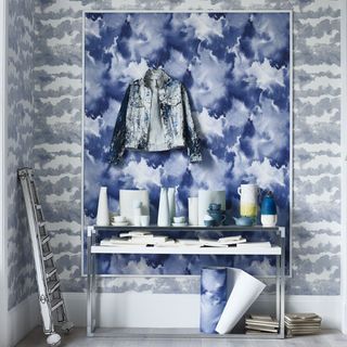 blue printed wall and ladder