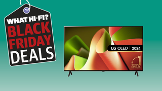 The 48-inch LG B4 OLED TV on a green background with a Black Friday label off to the side