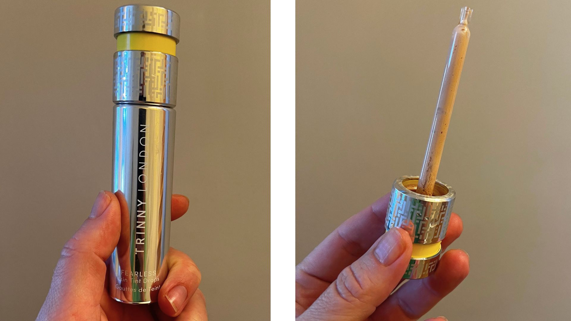 A bottle of Trinny skin tint being held in a hand and with the pipette exposed