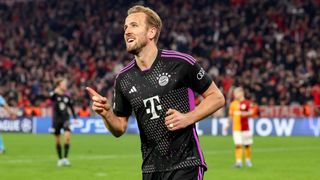 Harry Kane of Bayern Munich celebrates after scoring the team's second goal during the UEFA Champions League match between FC Bayern München and Galatasaray A.S. at Allianz Arena on November 08, 2023 in Munich, Germany. 