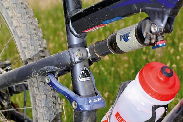 The in-line Fox shock is driven directly from the seatstays
