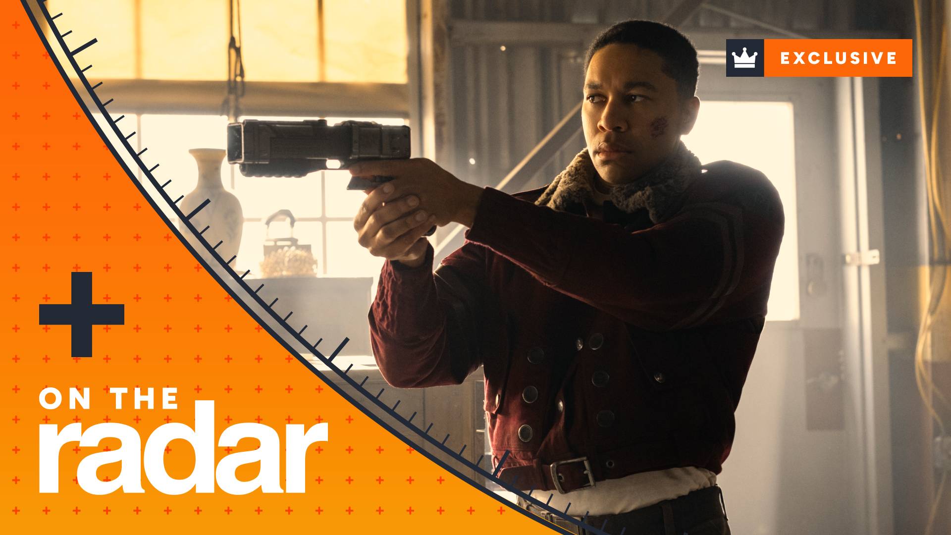 Aaron Moten as Maximus holding a gun in Fallout season 2, with an orange GamesRadar+ logo over the top