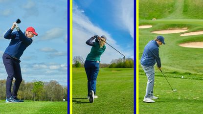 One amateur golfer playing a tee shot on a par 5, another playing an approach shot on a par 4 and another playing a tee shot on a par 3