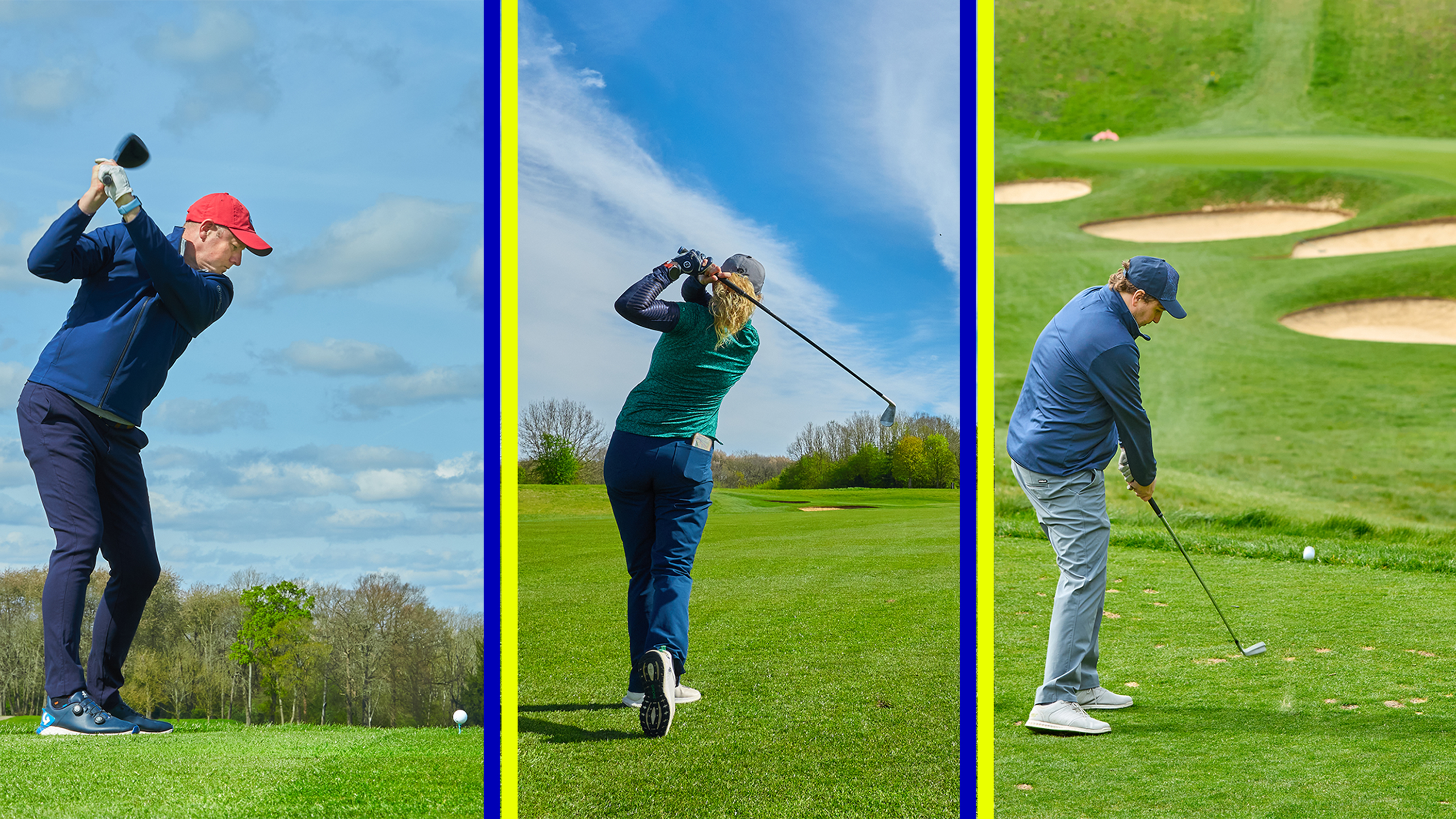 One amateur golfer playing a tee shot on a par 5, another playing an approach shot on a par 4 and another playing a tee shot on a par 3