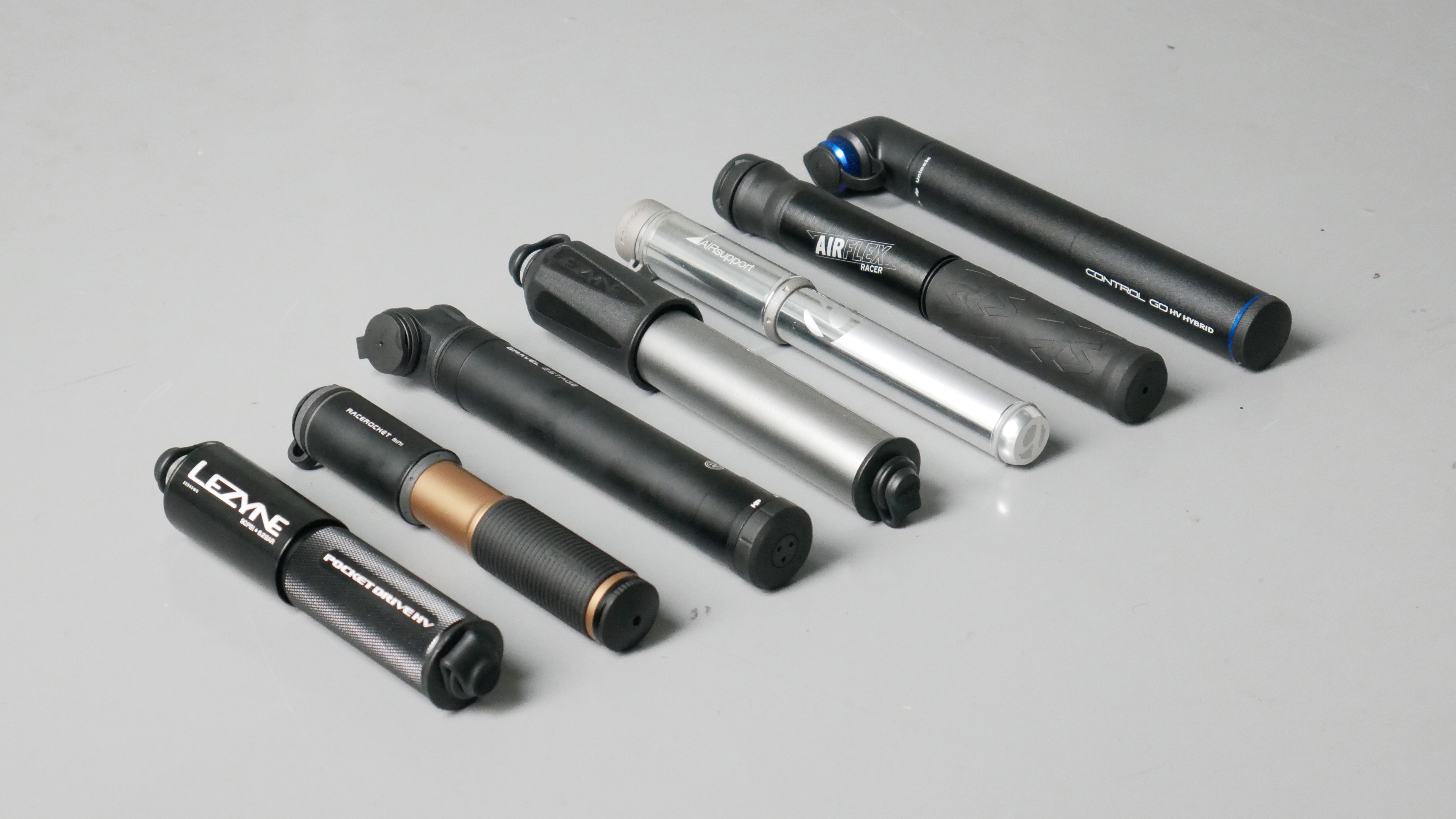 Best bike mini pumps group test 2026 - Group shot of all seven pumps we tested.
