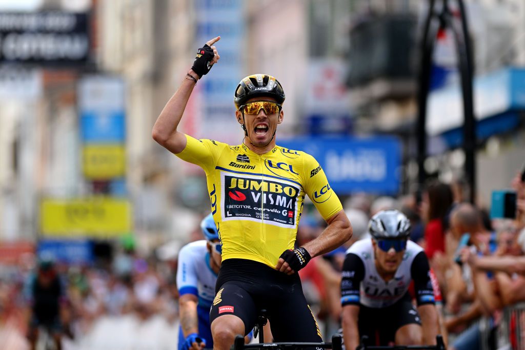 LE COTEAU FRANCE JUNE 06 Christophe Laporte of France and Team JumboVisma Yellow leader jersey celebrates at finish line as stage winner during the 75th Criterium du Dauphine 2023 Stage 3 a 1941km stage from MonistrolsurLoire to Le Coteau UCIWT on June 06 2023 in Le Coteau France Photo by Dario BelingheriGetty Images
