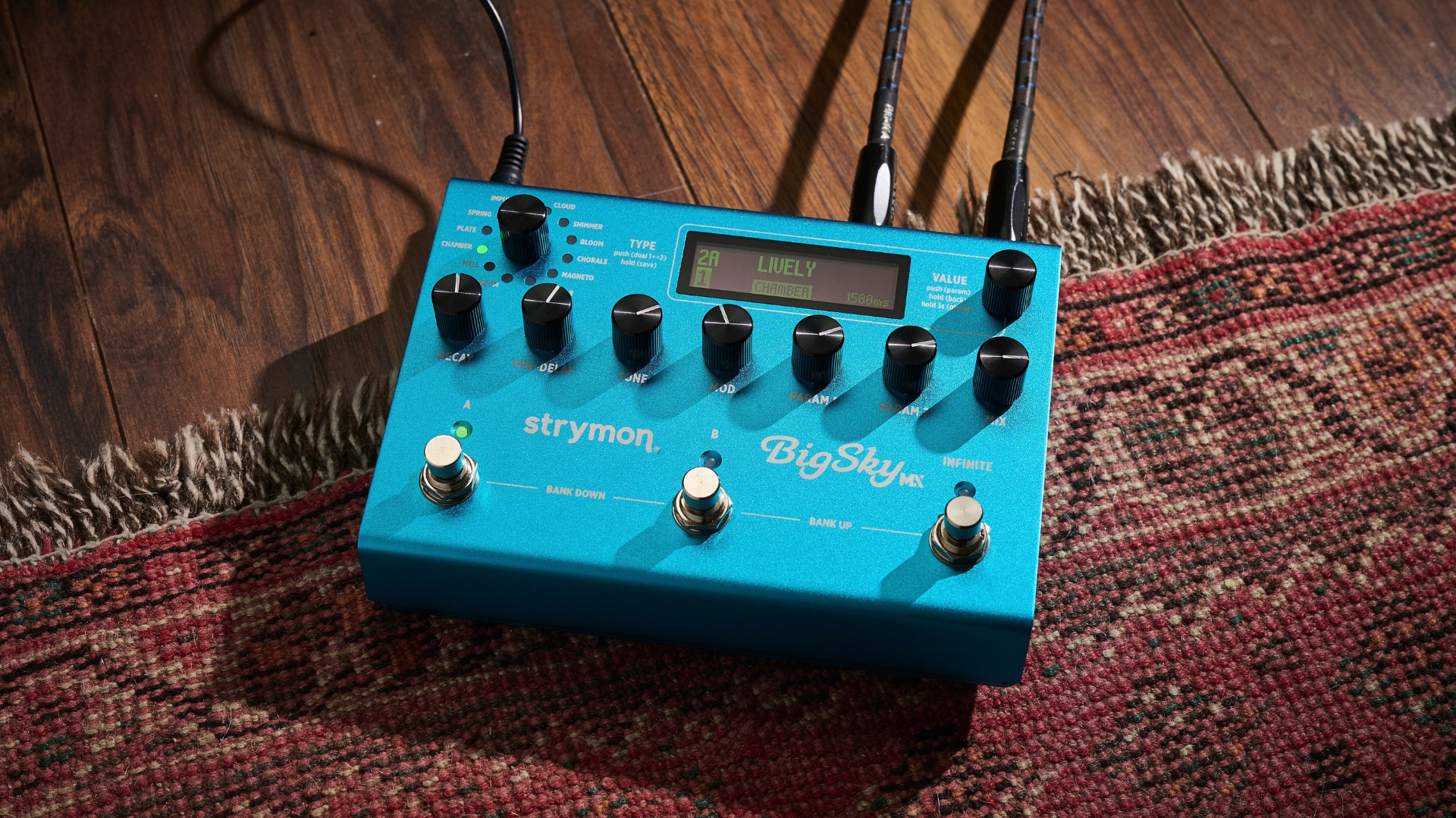 A Strymon BigSky MX reverb pedal on a rug