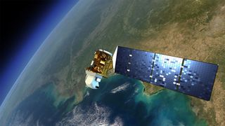 Artist's illustration of Landsat 8 with a large solar panel, above the Earth.