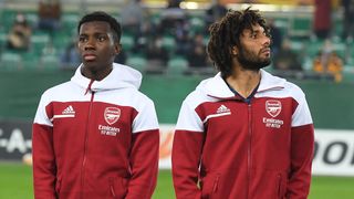 VIENNA, AUSTRIA - OCTOBER 22: (L-R) Eddie Nketiah and Mo Elneny of Arsenal before the UEFA Europa League Group B stage match between Rapid Wien and Arsenal FC at Allianz Stadion on October 22, 2020 in Vienna, Austria. (Photo by Stuart MacFarlane/Arsenal FC via Getty Images)