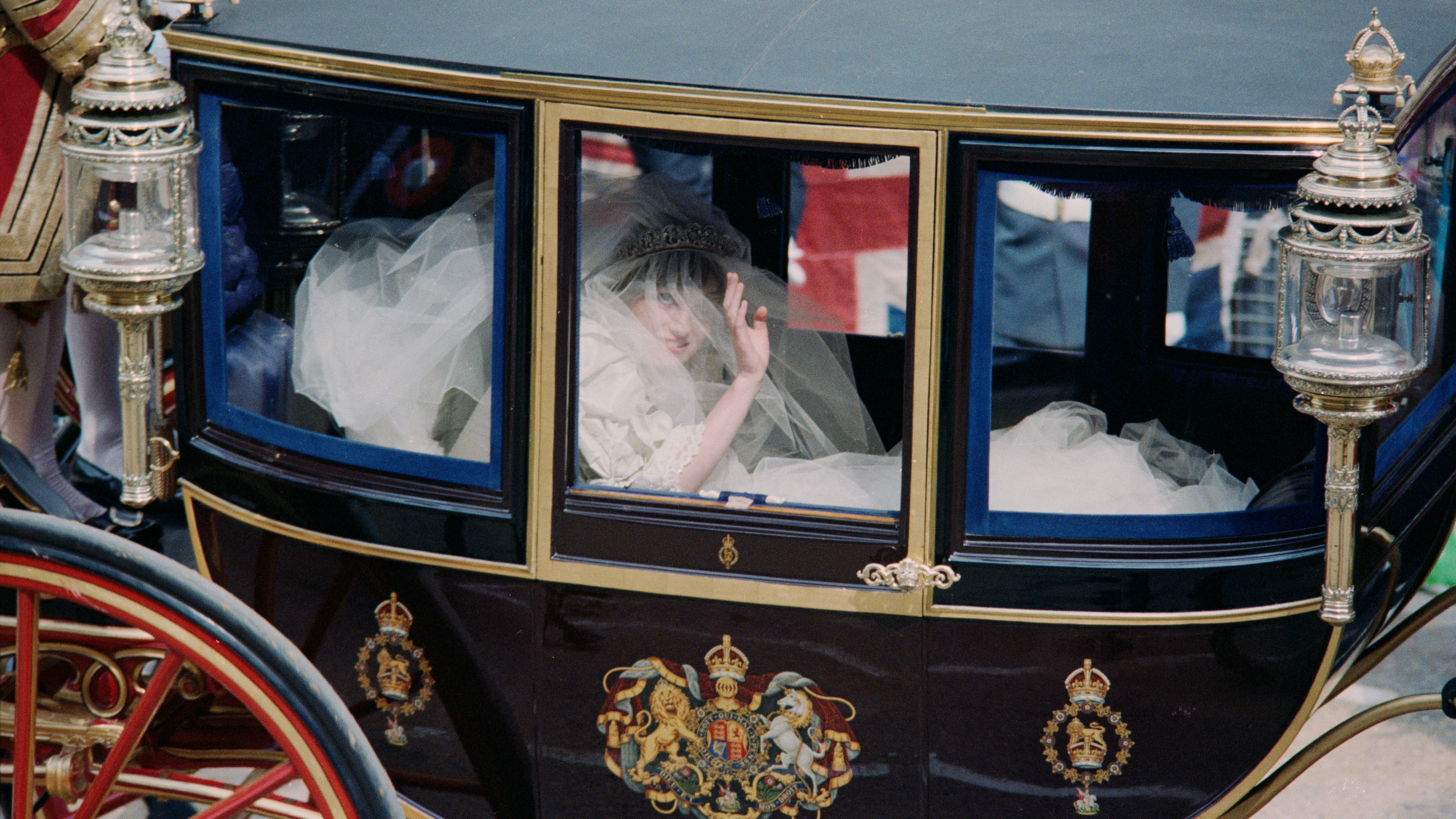 Lady Diana Spencer arrives in the Glass Coach for her wedding to Prince Charles at St Paul's Cathedral in London, July 29th 1981