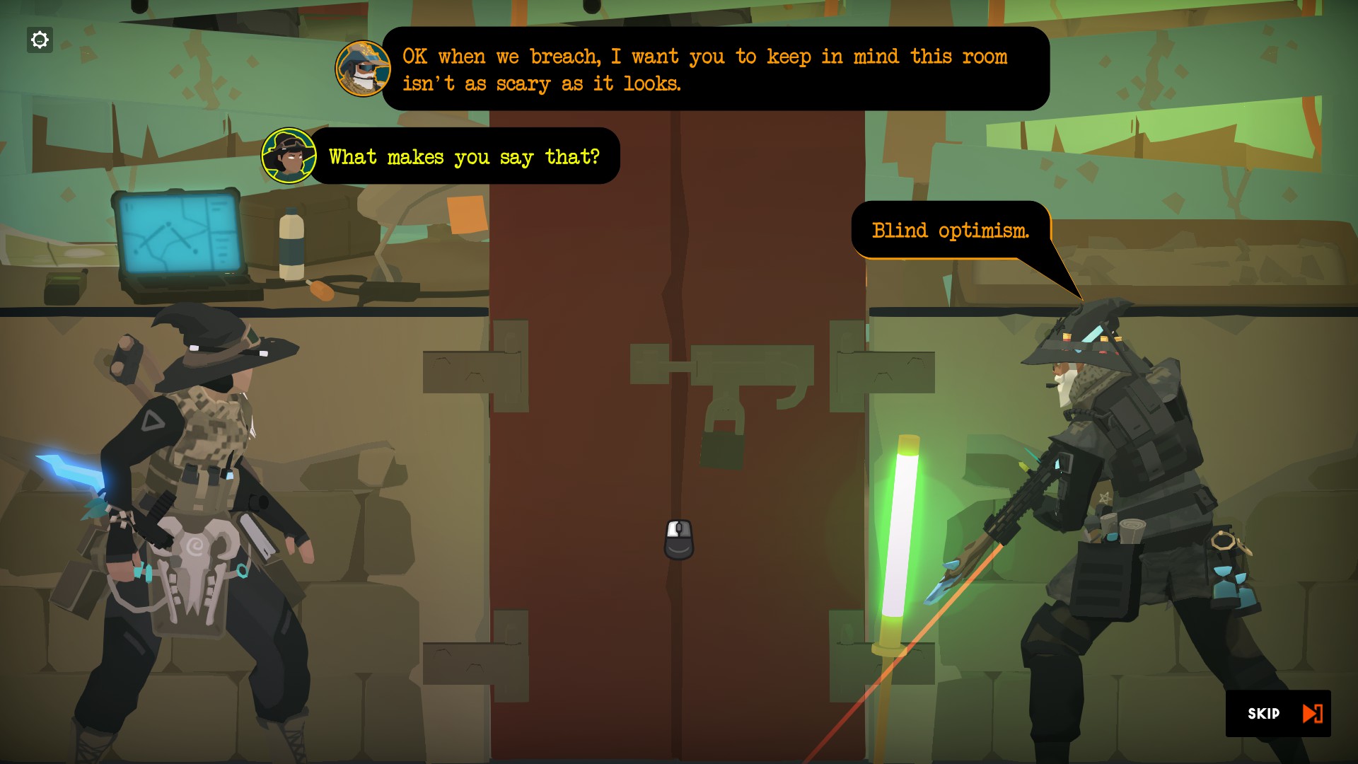 Een gesprek tussen twee personages in Tactical Breach Wizards vóór de inbreuk.