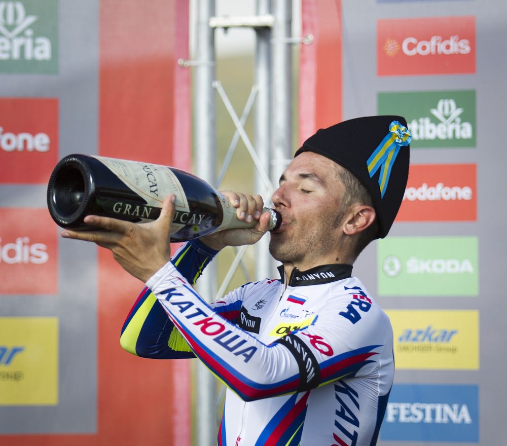 Joaquim Rodr&iacute;guez (Katusha) on the stage 15 podium at the Vuelta a Espana.